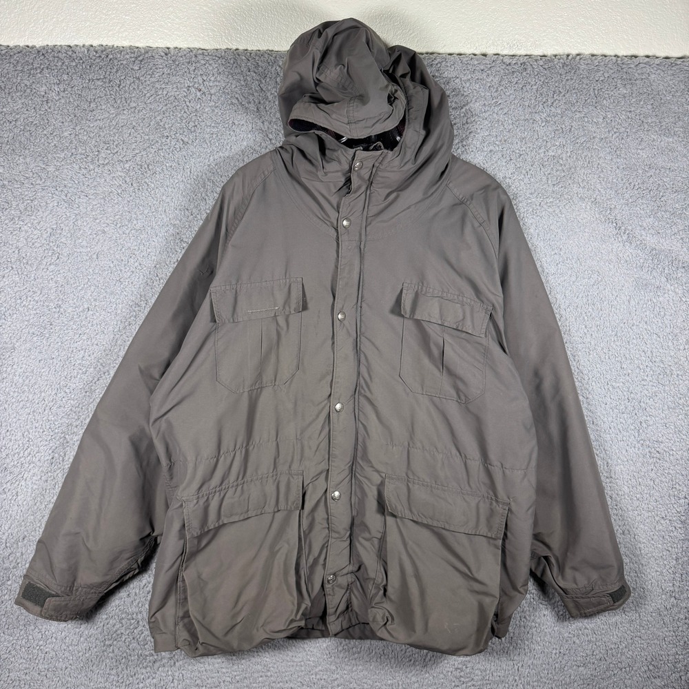 LL Bean Baxter State Parka Gray Plaid Flannel Lined Hooded Jacket Mens Large